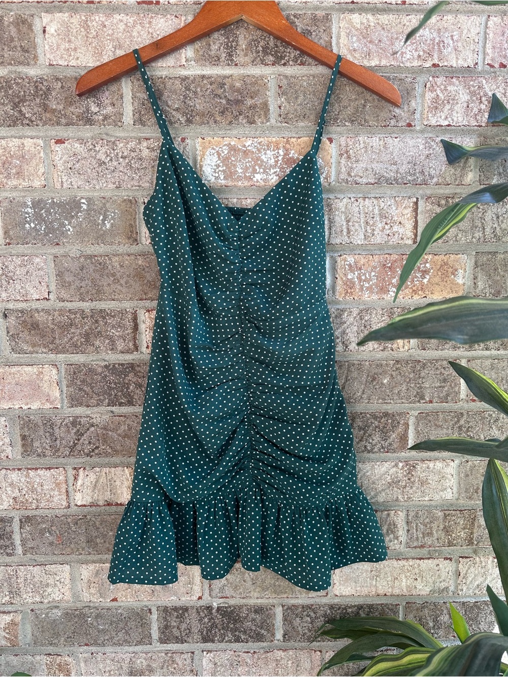 Super cute flirty fem Urban Outfitters Forest Green Polka Dot Ruffle Slip Dress